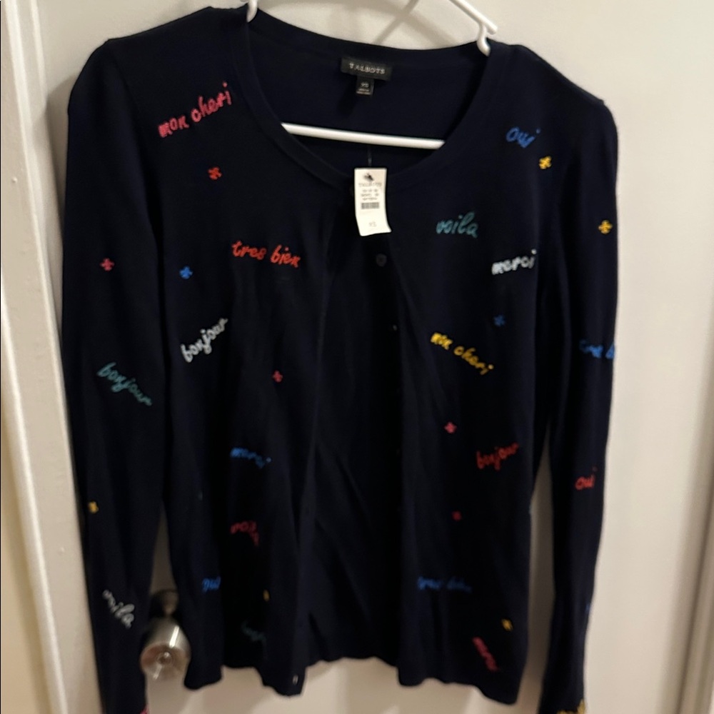 Talbots Long Sleeve Navy Blue Embroidered French Words Cardigan - XS
